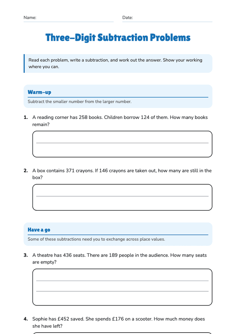Three-Digit Subtraction Problems