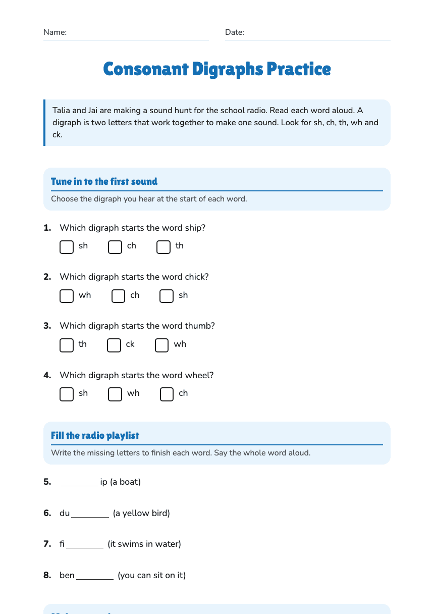 Consonant Digraphs Practice worksheet preview