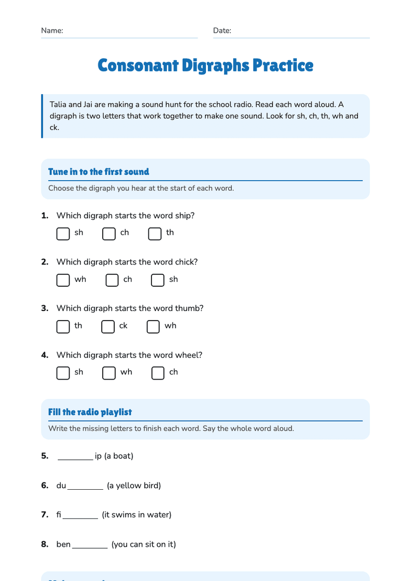 Consonant Digraphs Practice