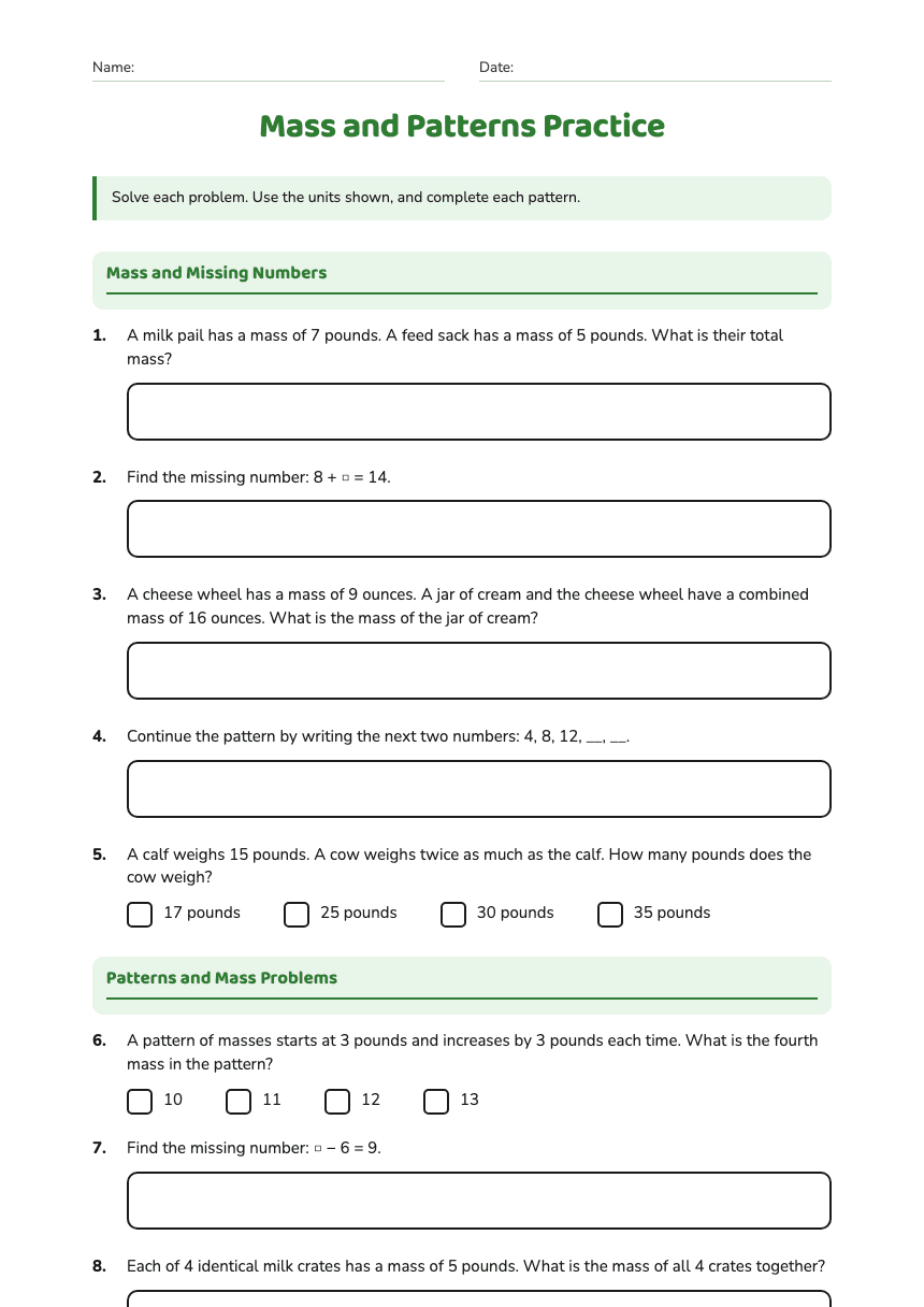 Mass and Patterns Practice worksheet preview