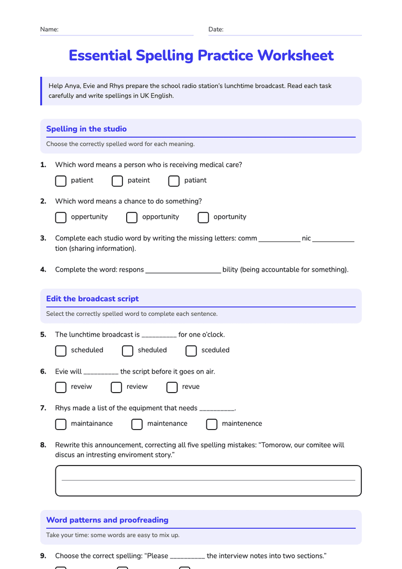 Essential Spelling Practice Worksheet