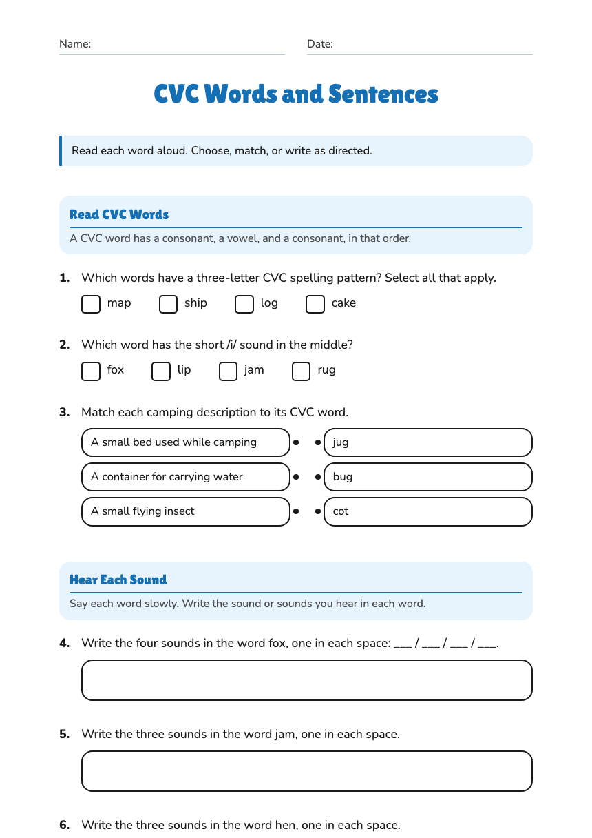 CVC Words and Sentences worksheet preview