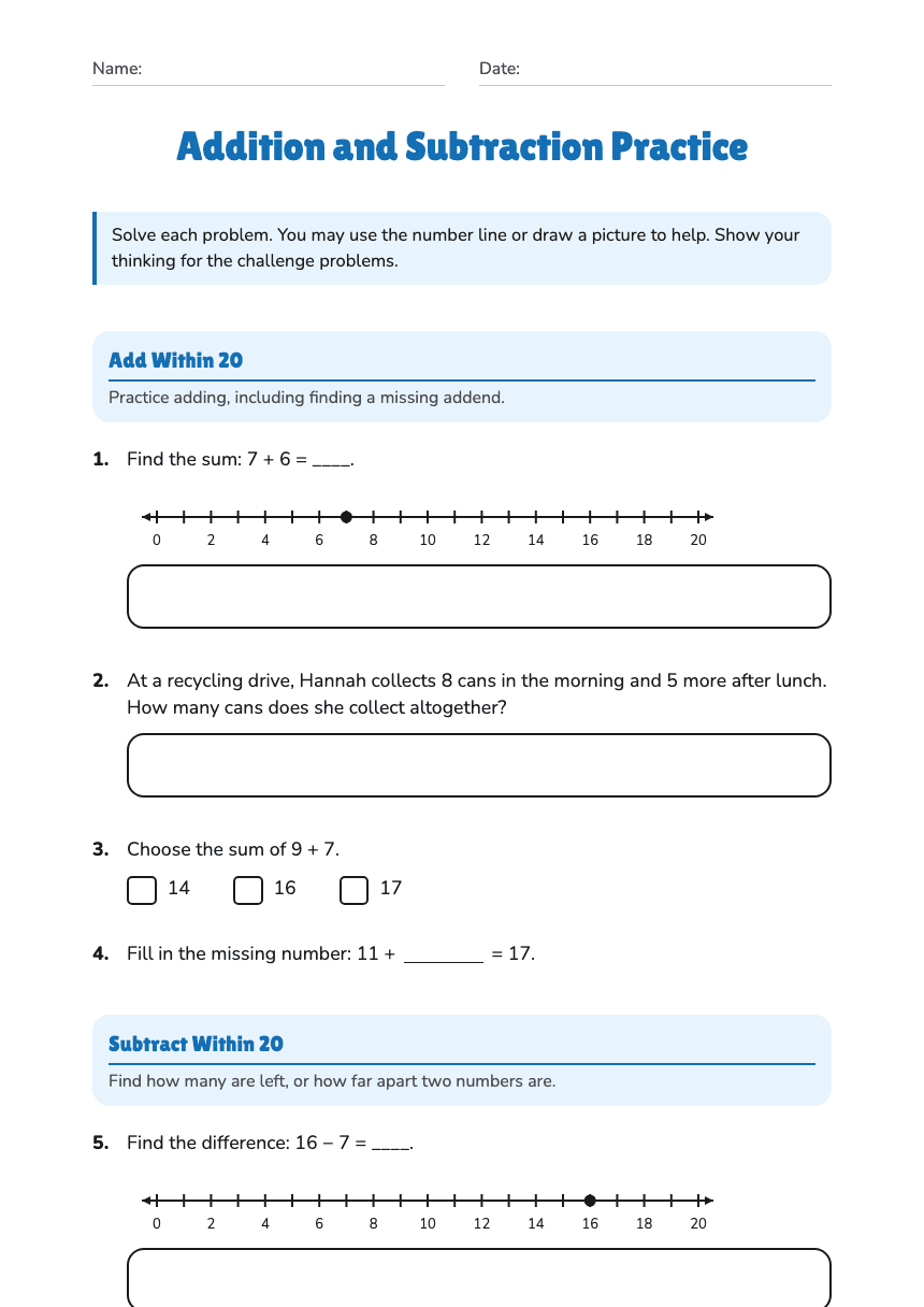 Addition and Subtraction Practice worksheet preview