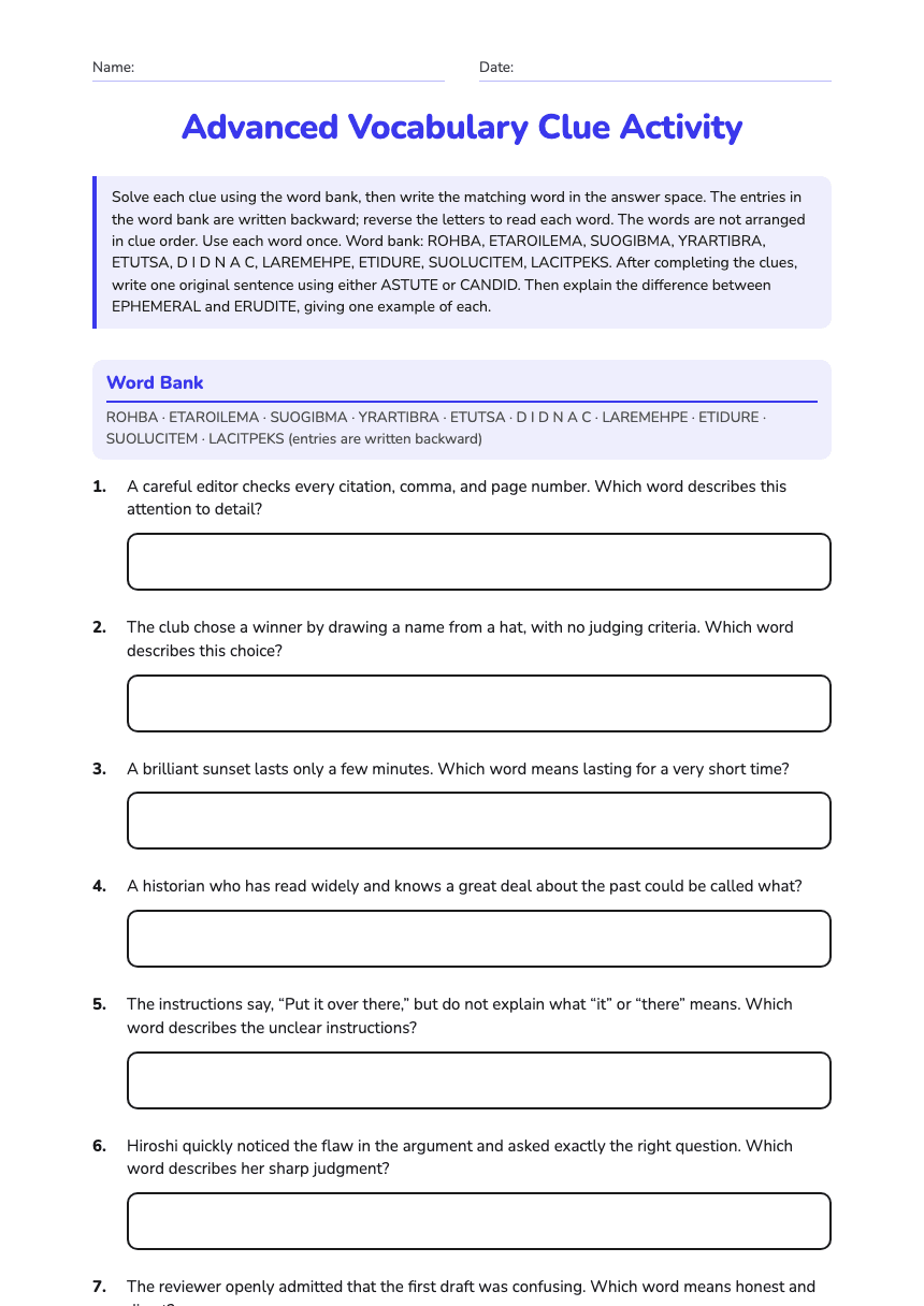 Advanced Vocabulary Clue Activity worksheet preview