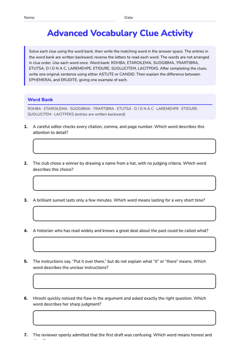 Advanced Vocabulary Clue Activity