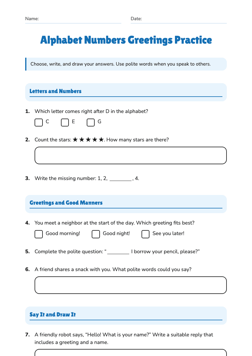 Alphabet Numbers Greetings Practice worksheet preview