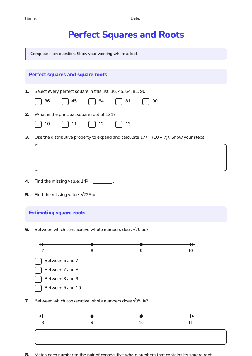 Perfect Squares and Roots worksheet preview