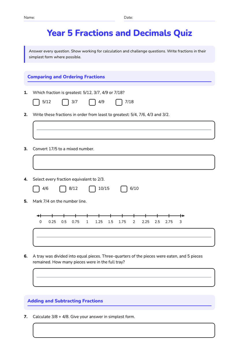Year 5 Fractions and Decimals Quiz