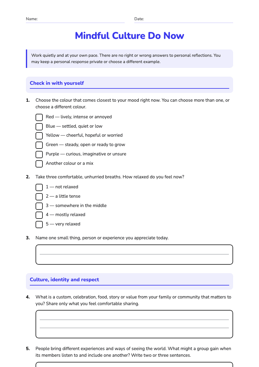 Mindful Culture Do Now worksheet preview