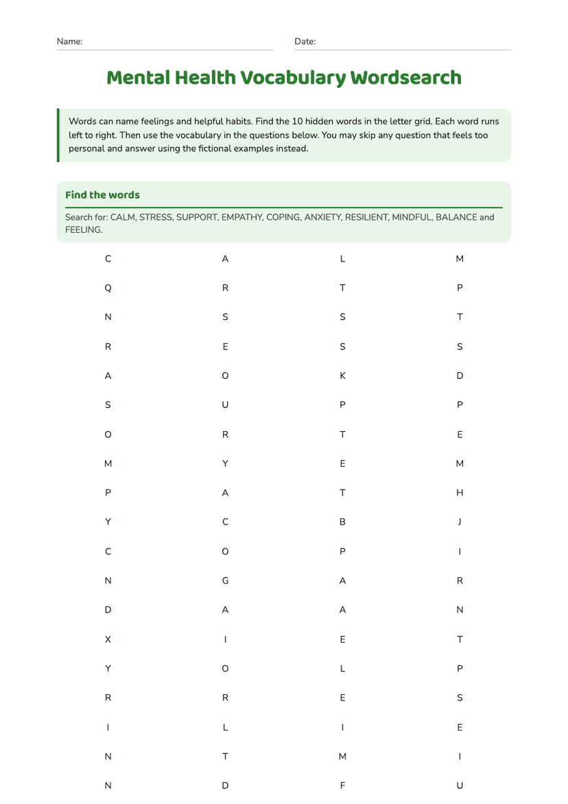 Mental Health Vocabulary Wordsearch
