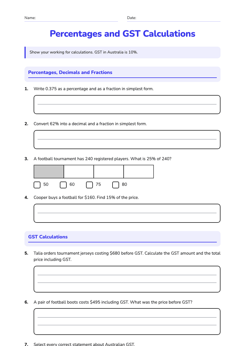Percentages and GST Calculations worksheet preview