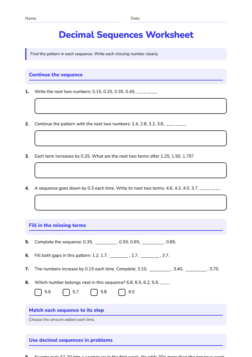 Decimal Sequences Worksheet worksheet preview