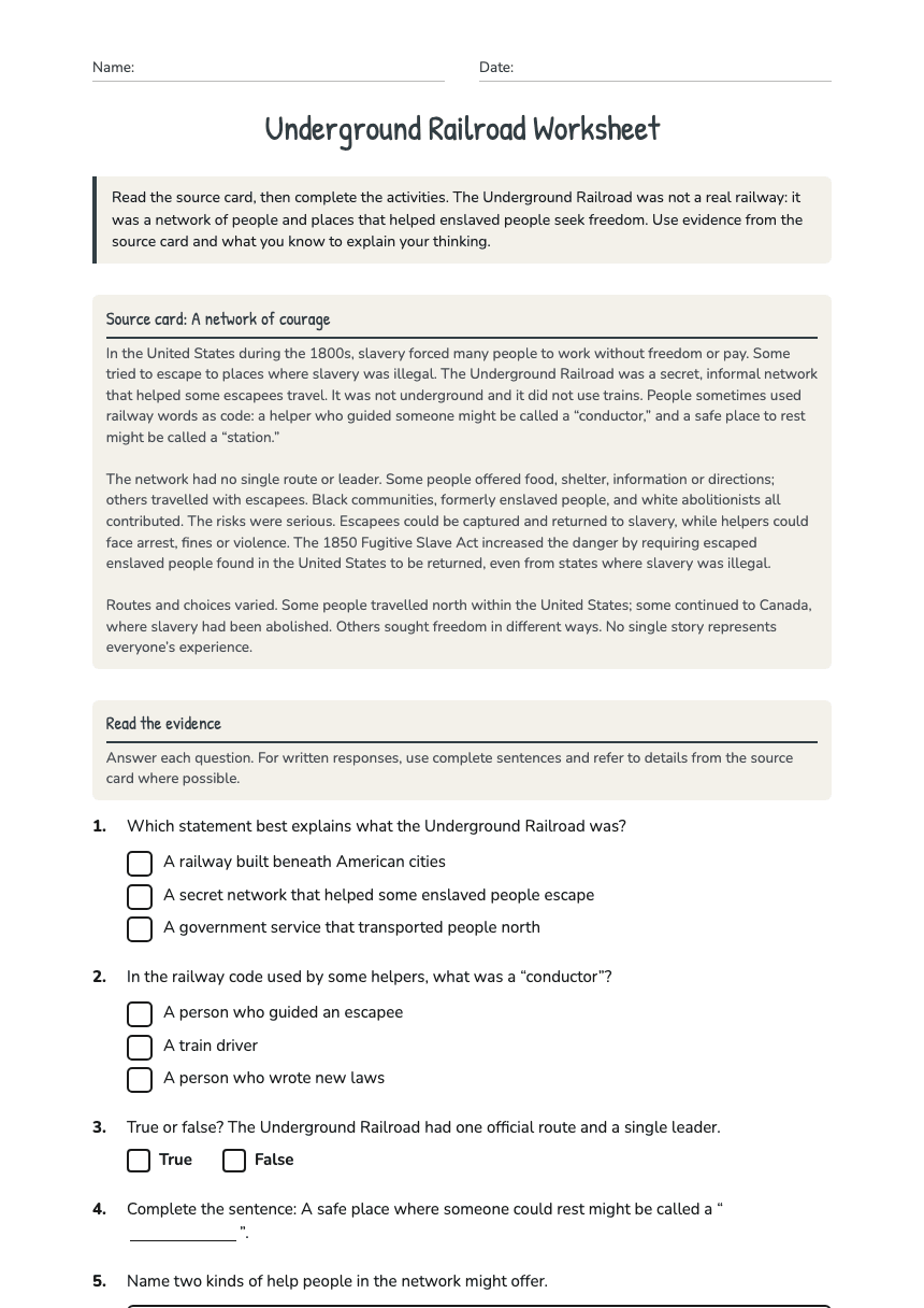 Underground Railroad Worksheet worksheet preview