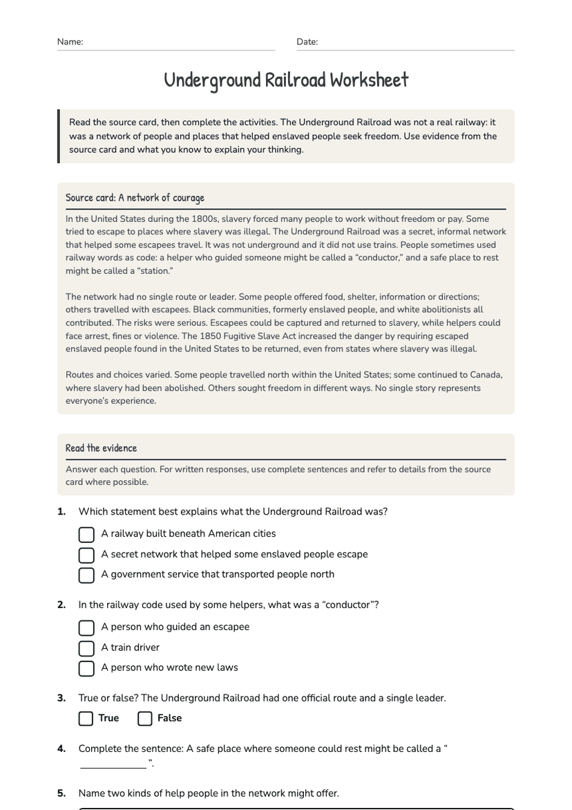 Underground Railroad Worksheet