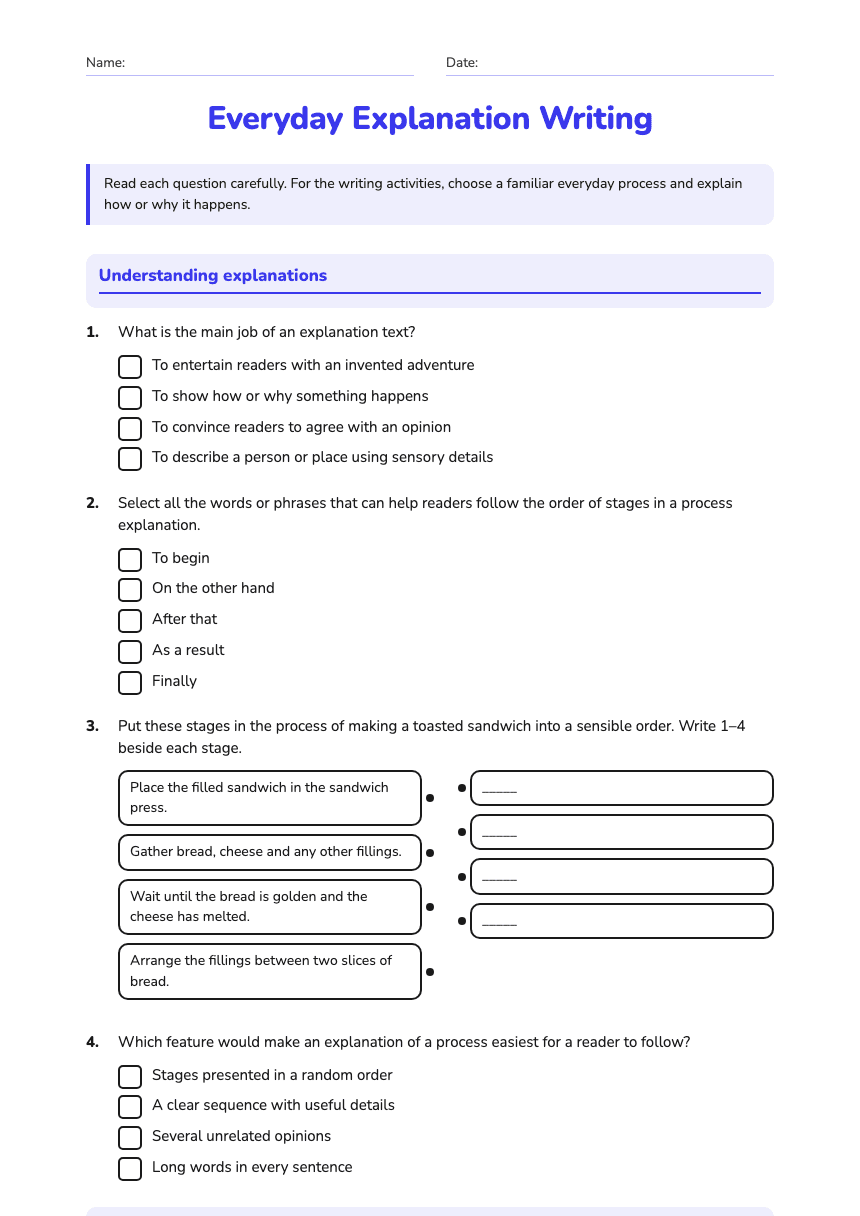 Everyday Explanation Writing worksheet preview