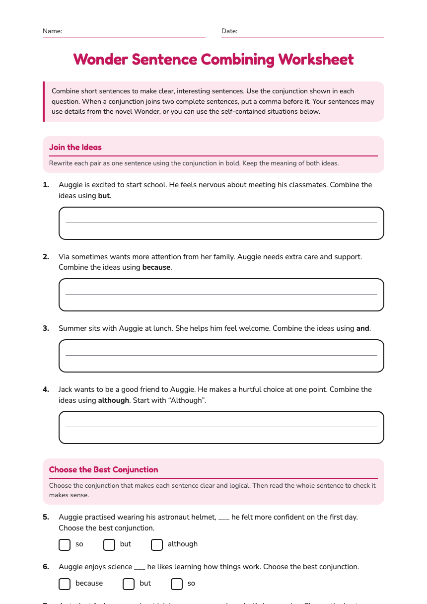 Wonder Sentence Combining Worksheet worksheet preview