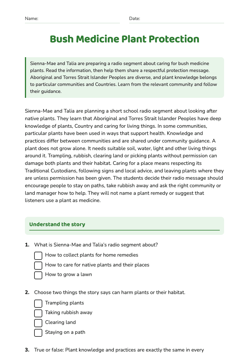 Bush Medicine Plant Protection worksheet preview
