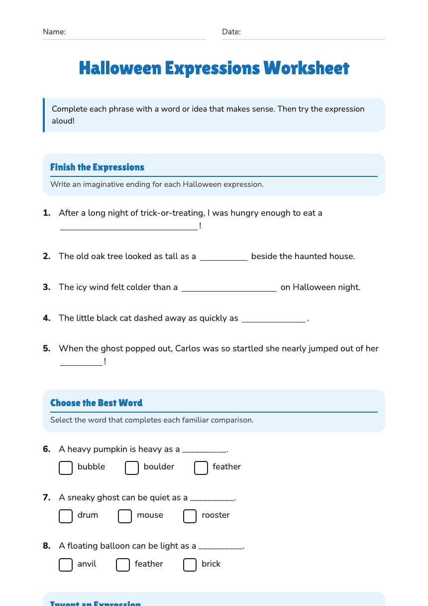 Halloween Expressions Worksheet worksheet preview