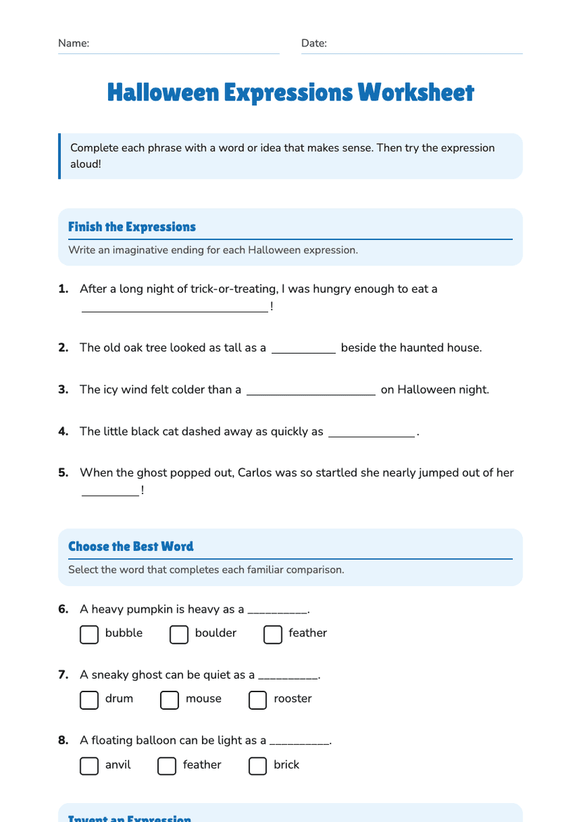 Halloween Expressions Worksheet
