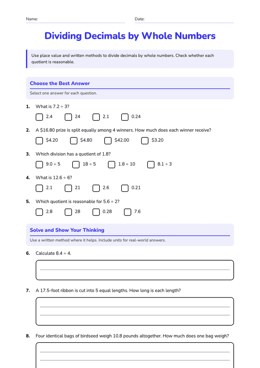 Dividing Decimals by Whole Numbers
