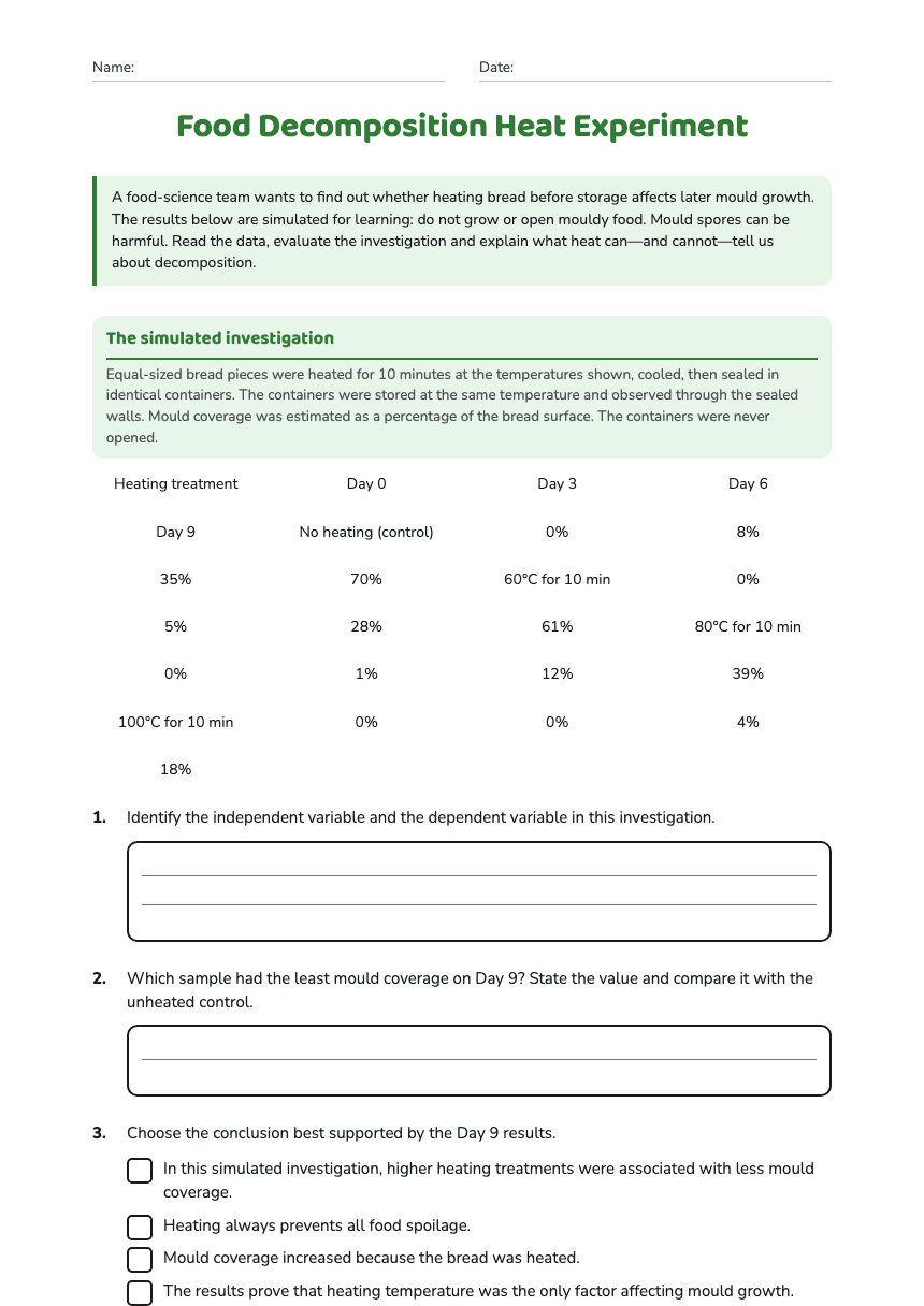 Food Decomposition Heat Experiment worksheet preview