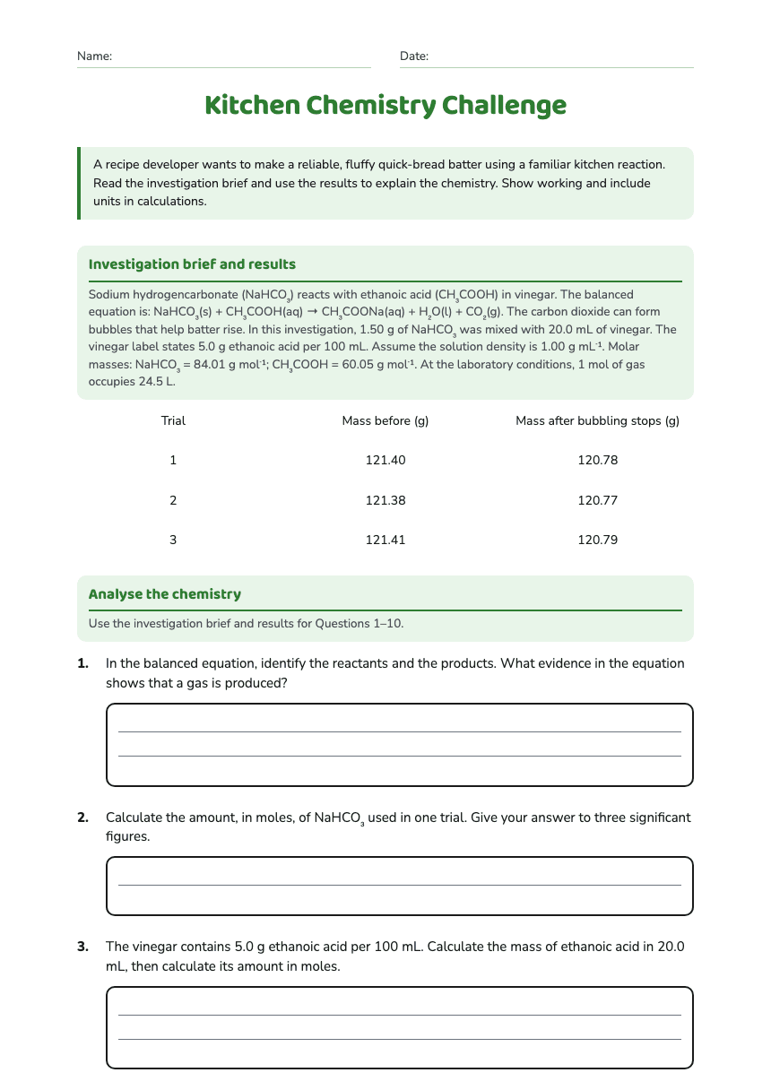 Kitchen Chemistry Challenge worksheet preview