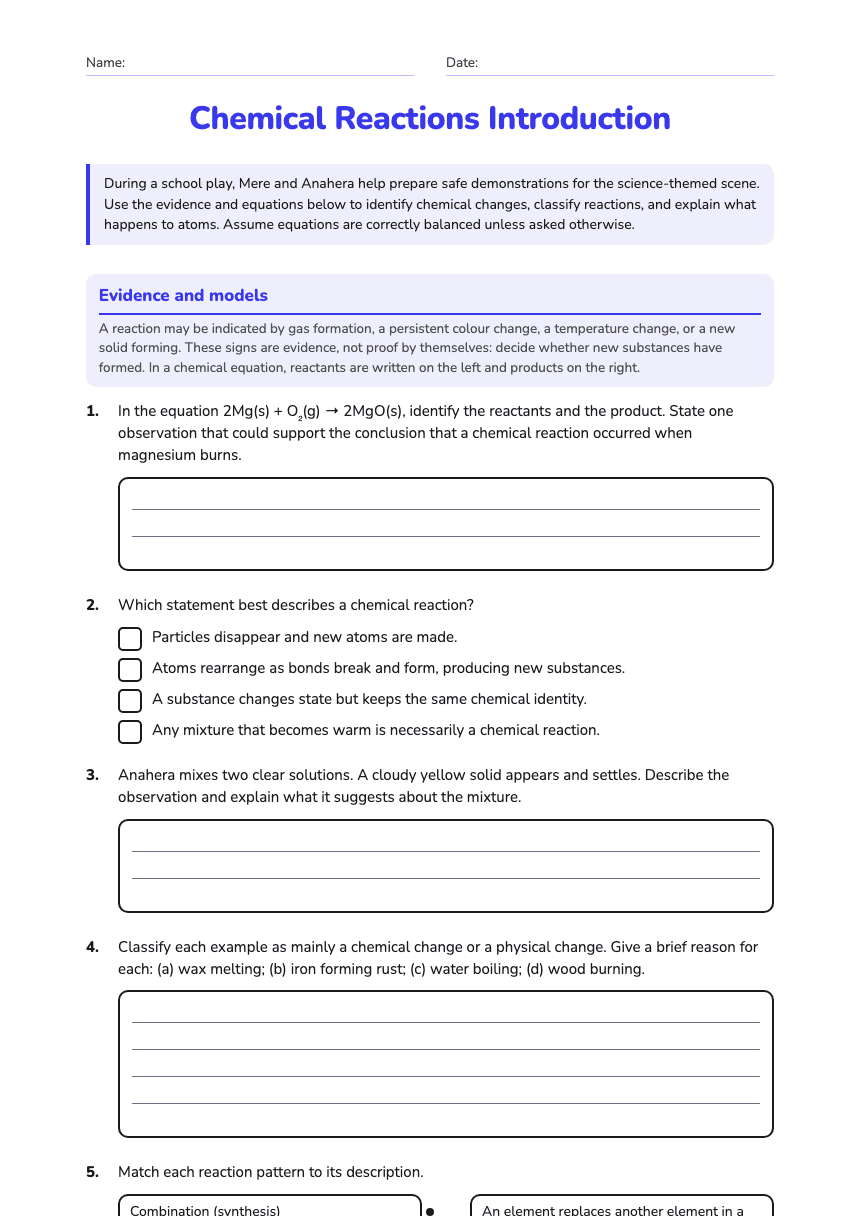 Chemical Reactions Introduction worksheet preview