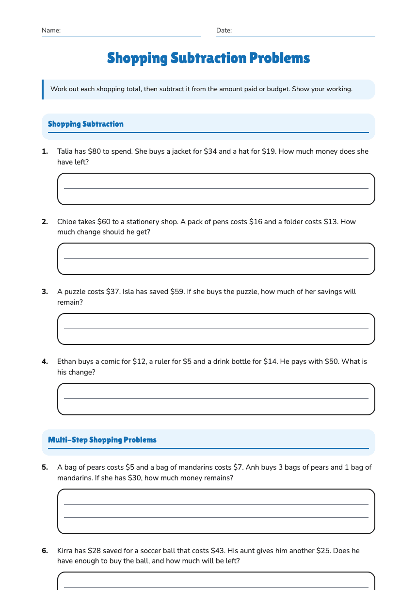 Shopping Subtraction Problems worksheet preview