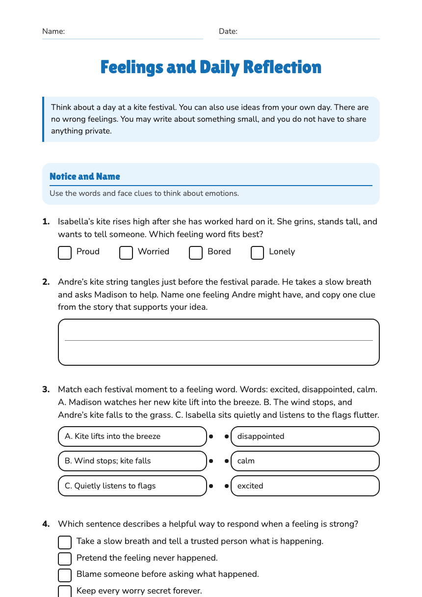 Feelings and Daily Reflection worksheet preview