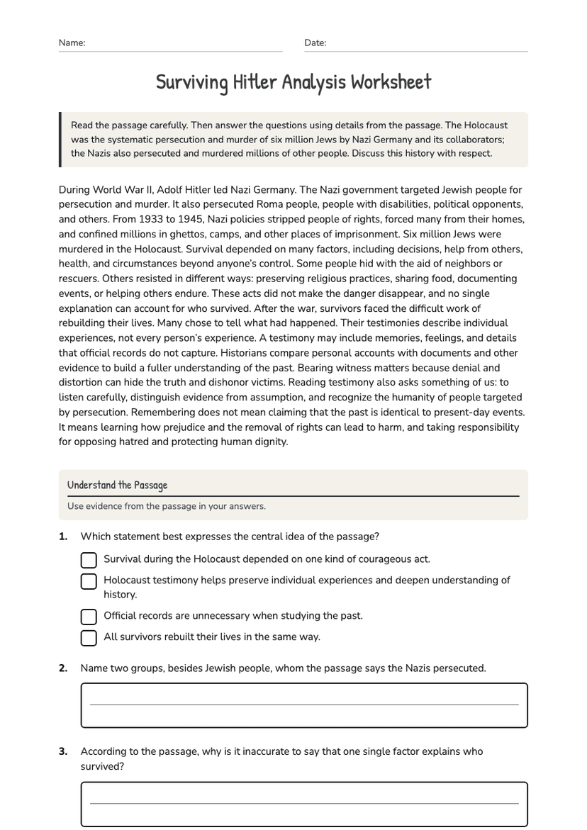 Surviving Hitler Analysis Worksheet