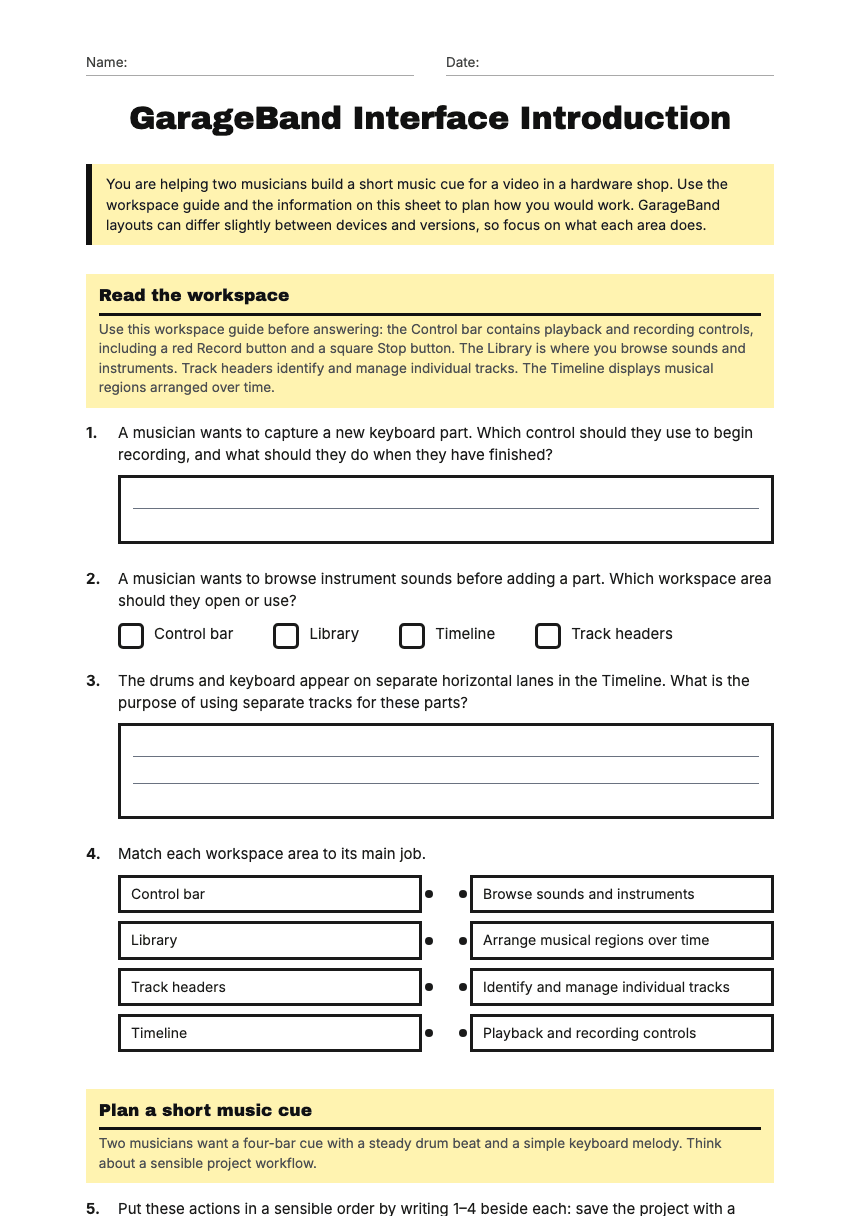 GarageBand Interface Introduction worksheet preview