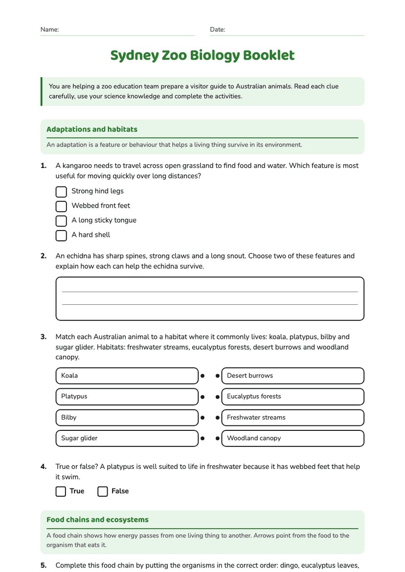 Sydney Zoo Biology Booklet