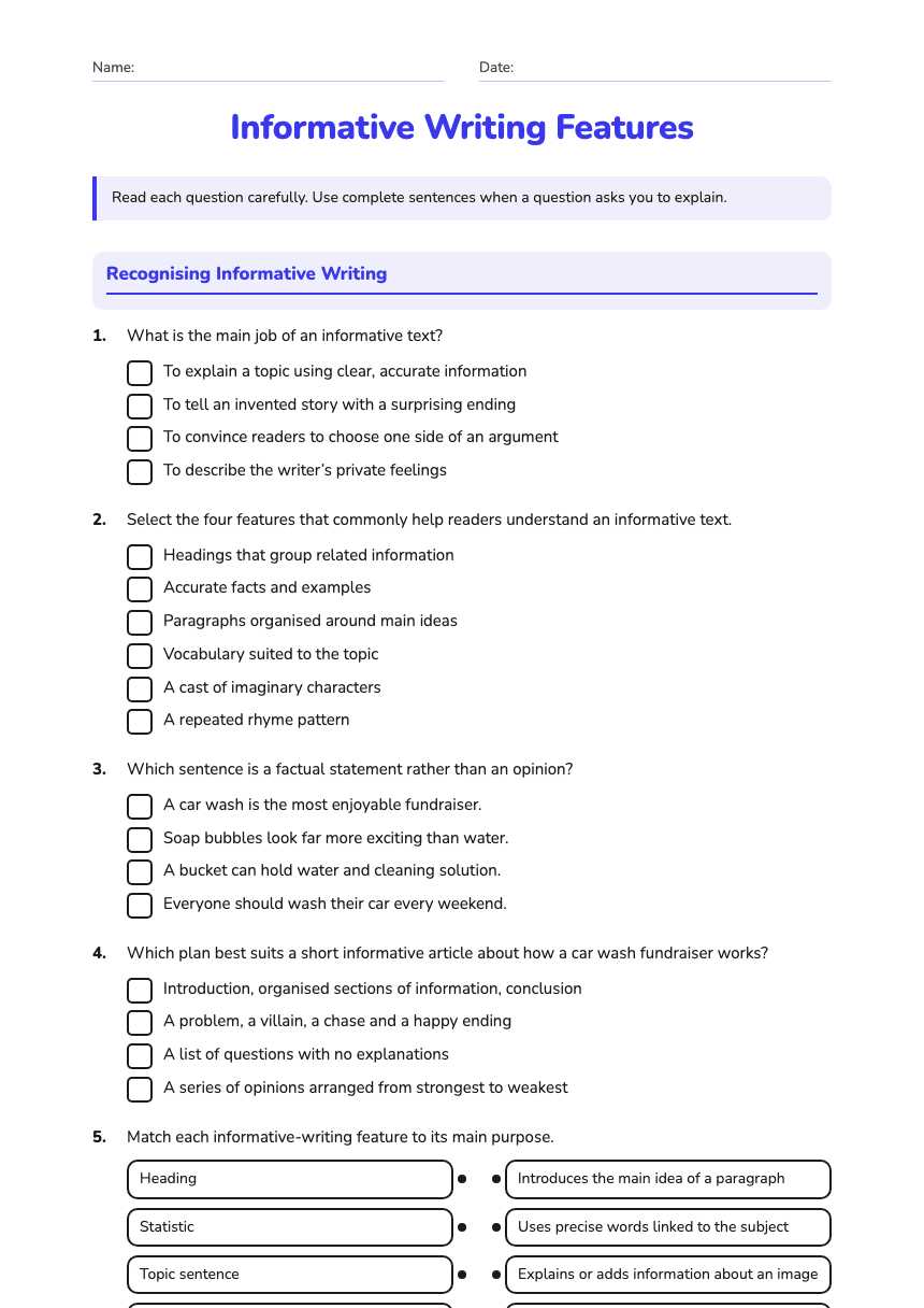 Informative Writing Features worksheet preview