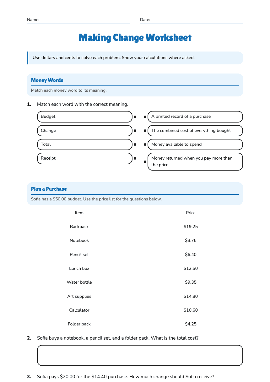 Making Change Worksheet worksheet preview