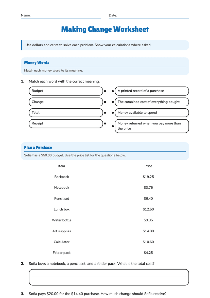 Making Change Worksheet