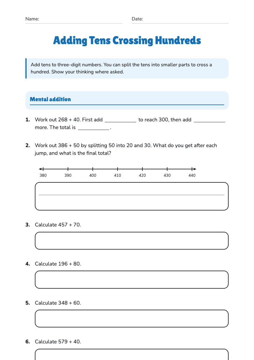 Adding Tens Crossing Hundreds worksheet preview