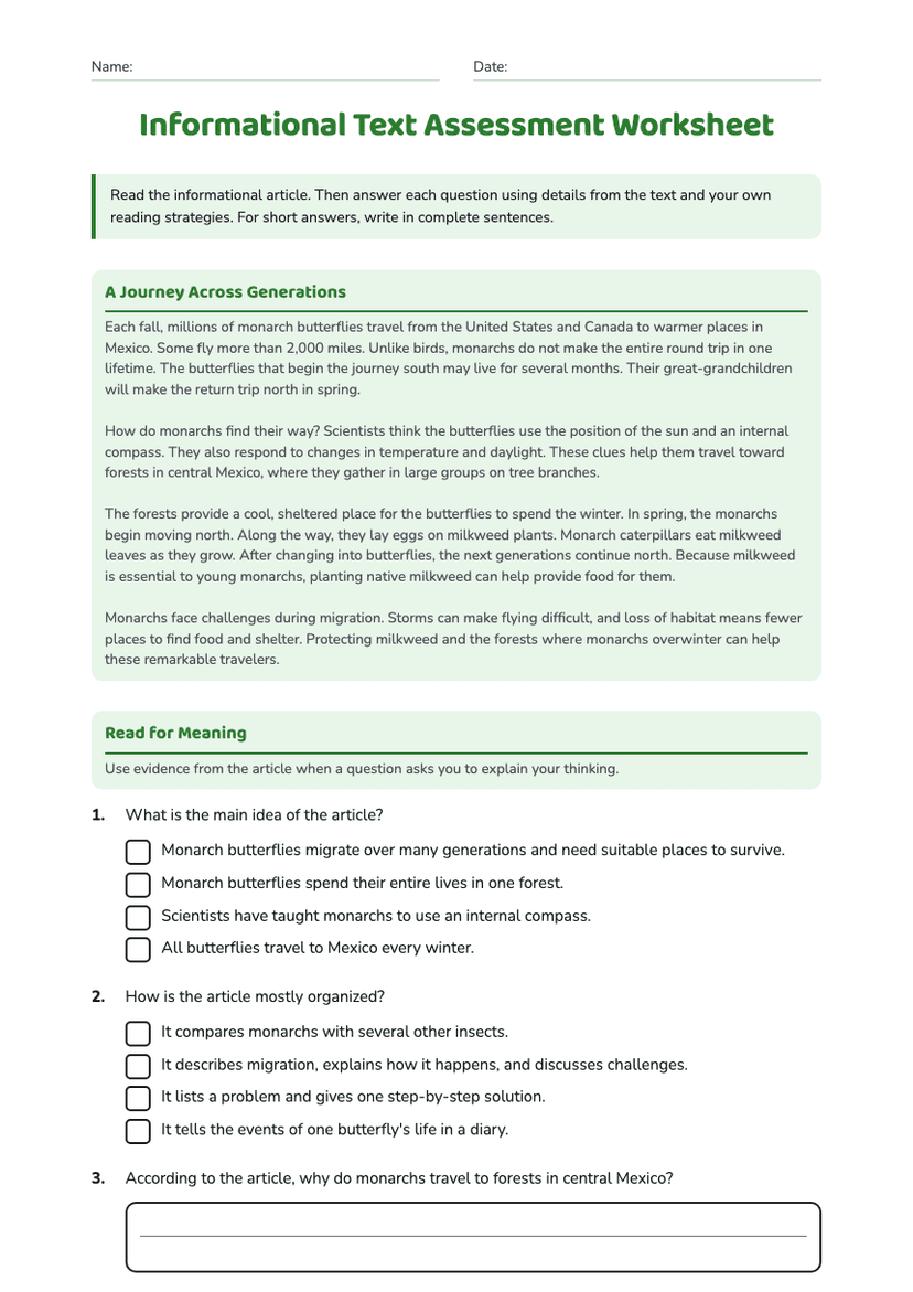 Informational Text Assessment Worksheet