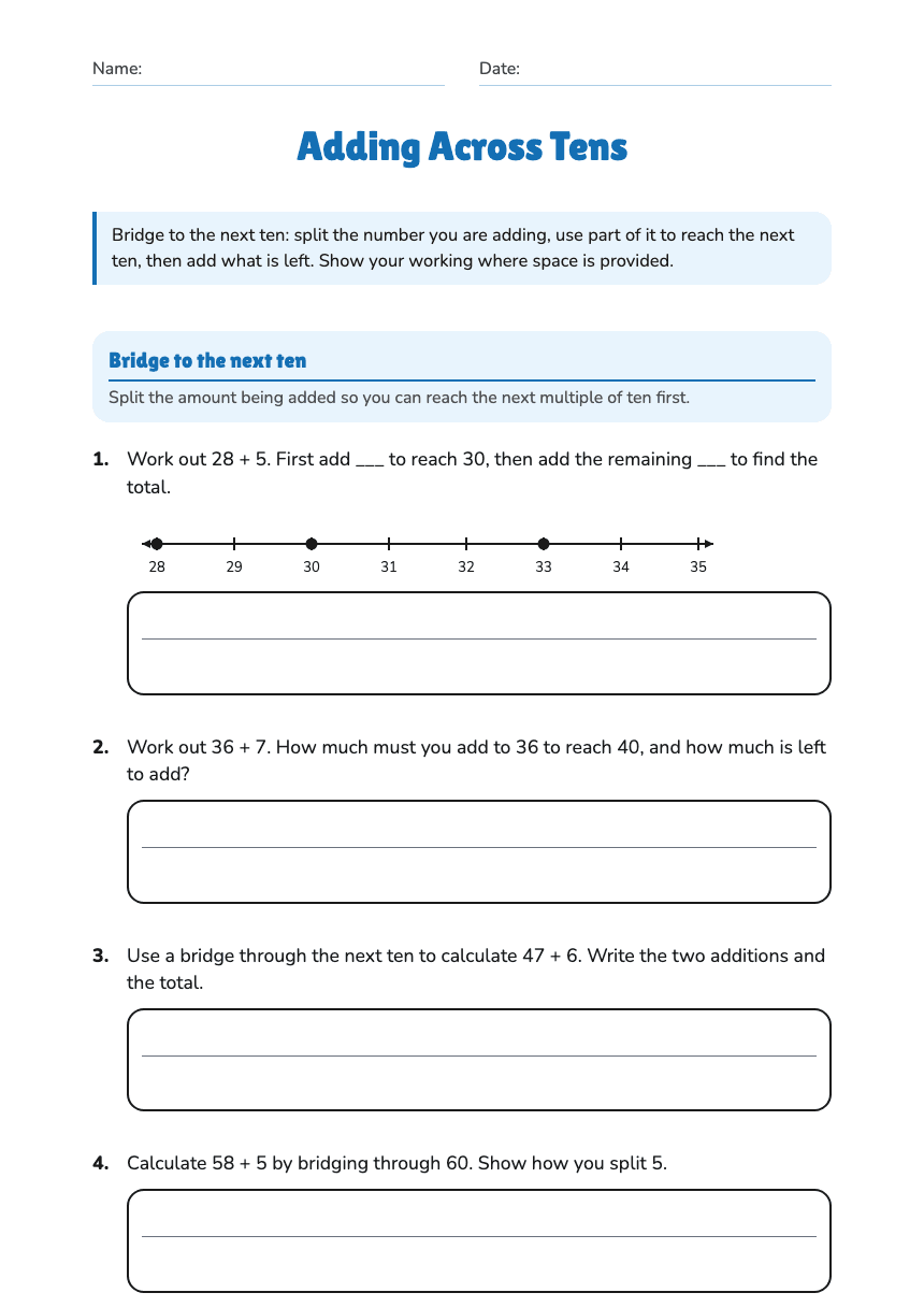 Adding Across Tens worksheet preview