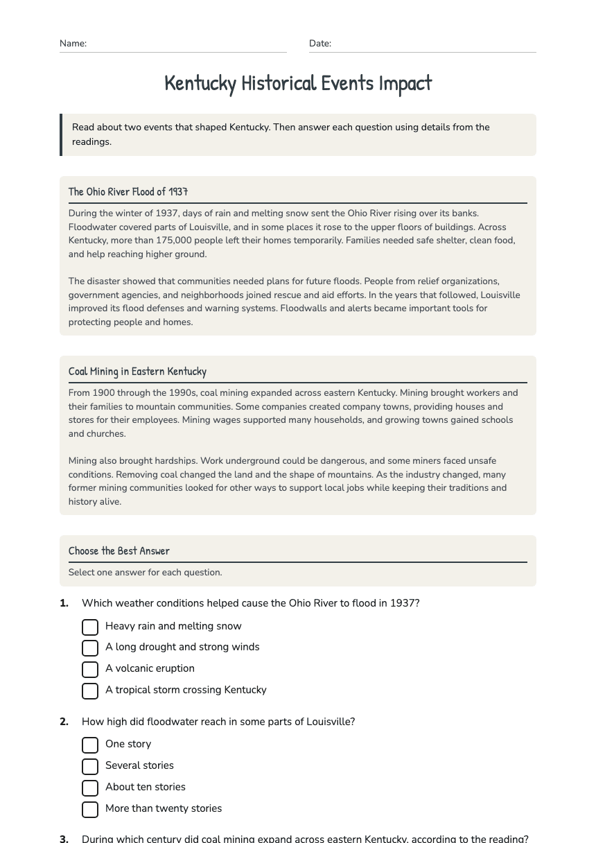 Kentucky Historical Events Impact worksheet preview