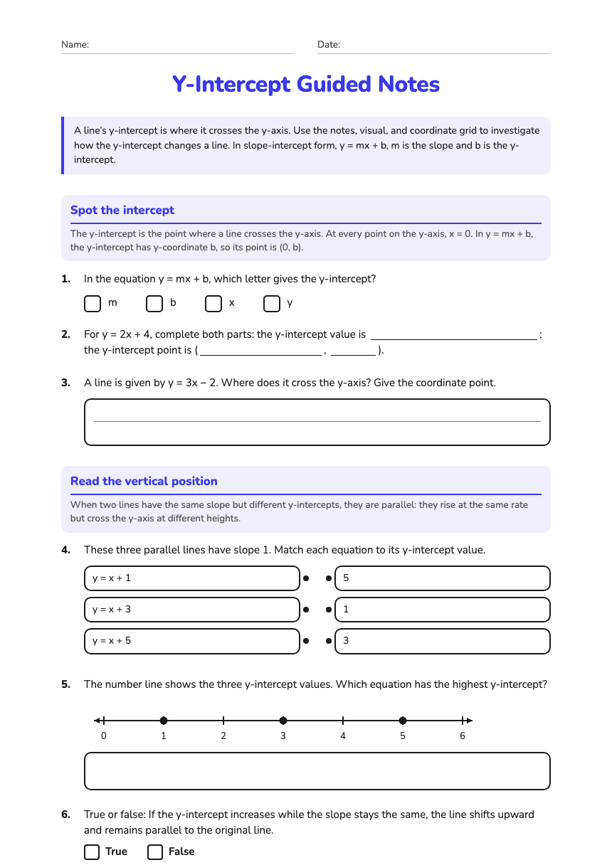 Y-Intercept Guided Notes worksheet preview
