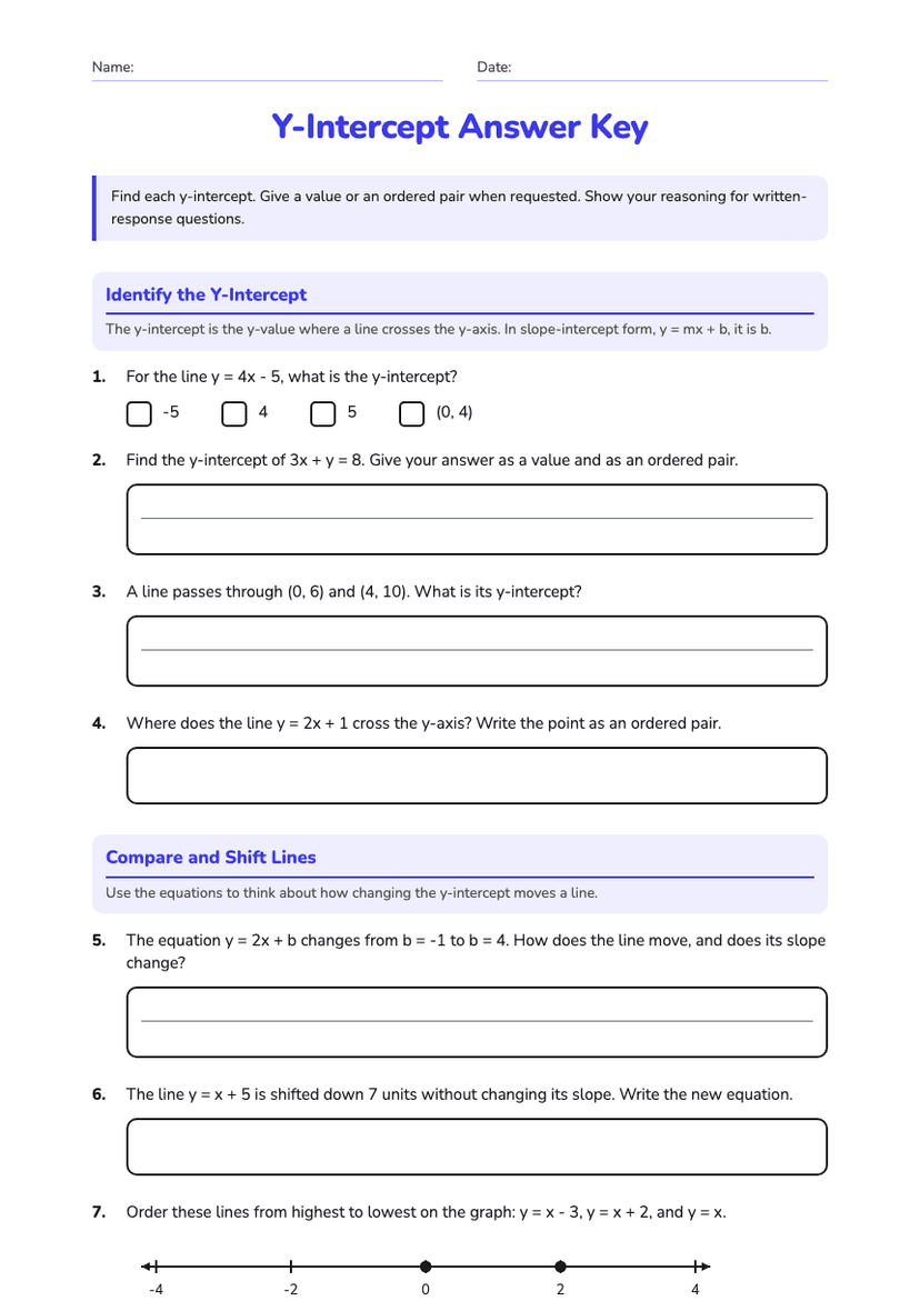 Y-Intercept Answer Key