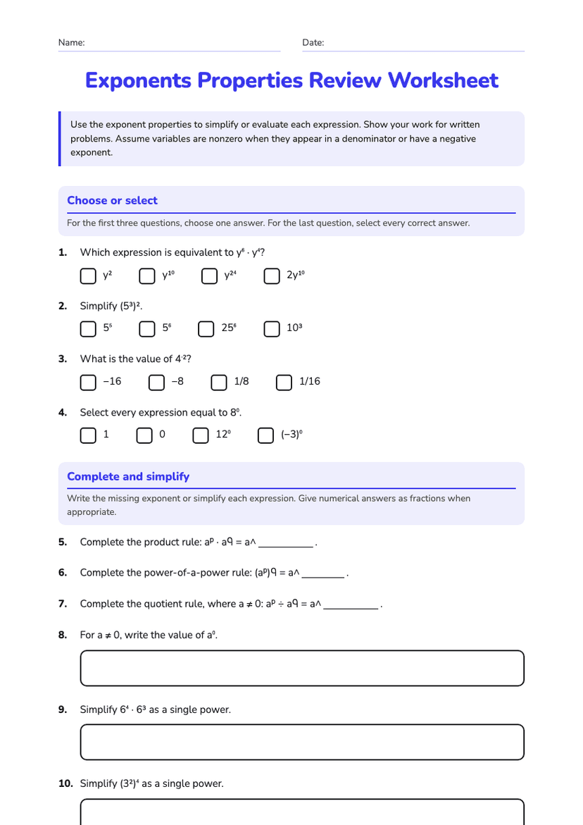 Exponents Properties Review Worksheet