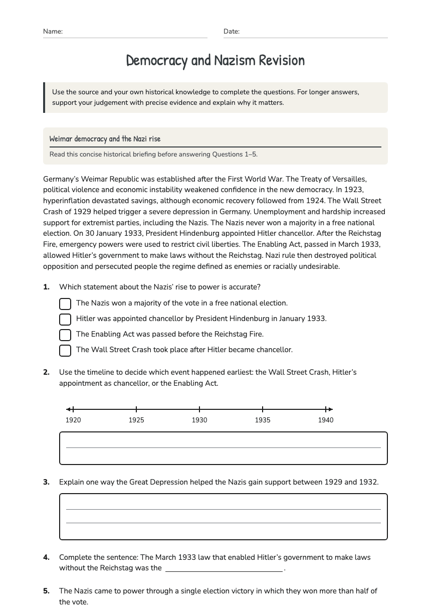 Democracy and Nazism Revision worksheet preview
