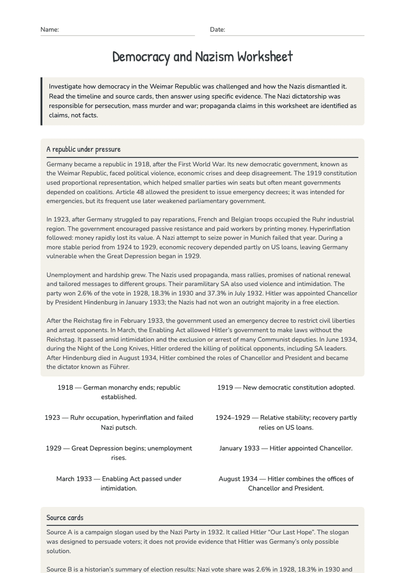 Democracy and Nazism Worksheet