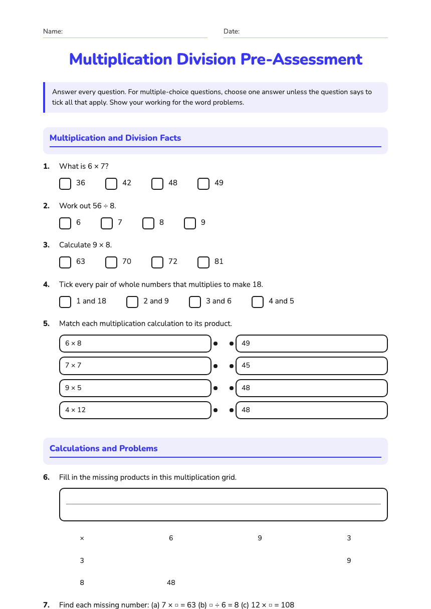 Multiplication Division Pre-Assessment worksheet preview
