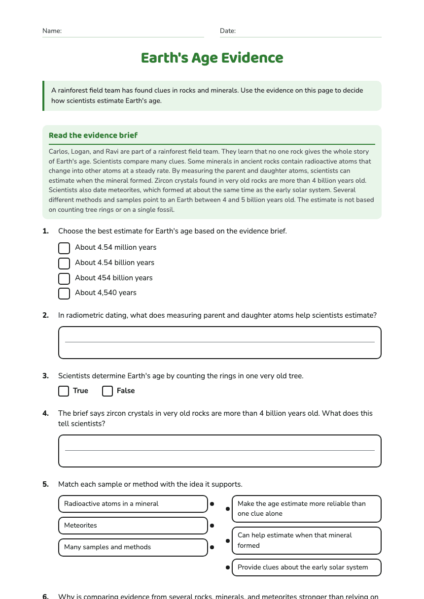 Earth's Age Evidence worksheet preview