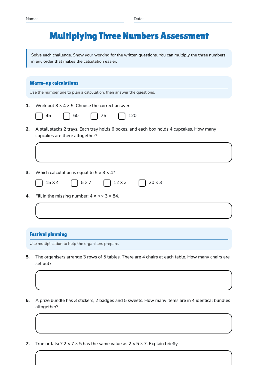 Multiplying Three Numbers Assessment worksheet preview