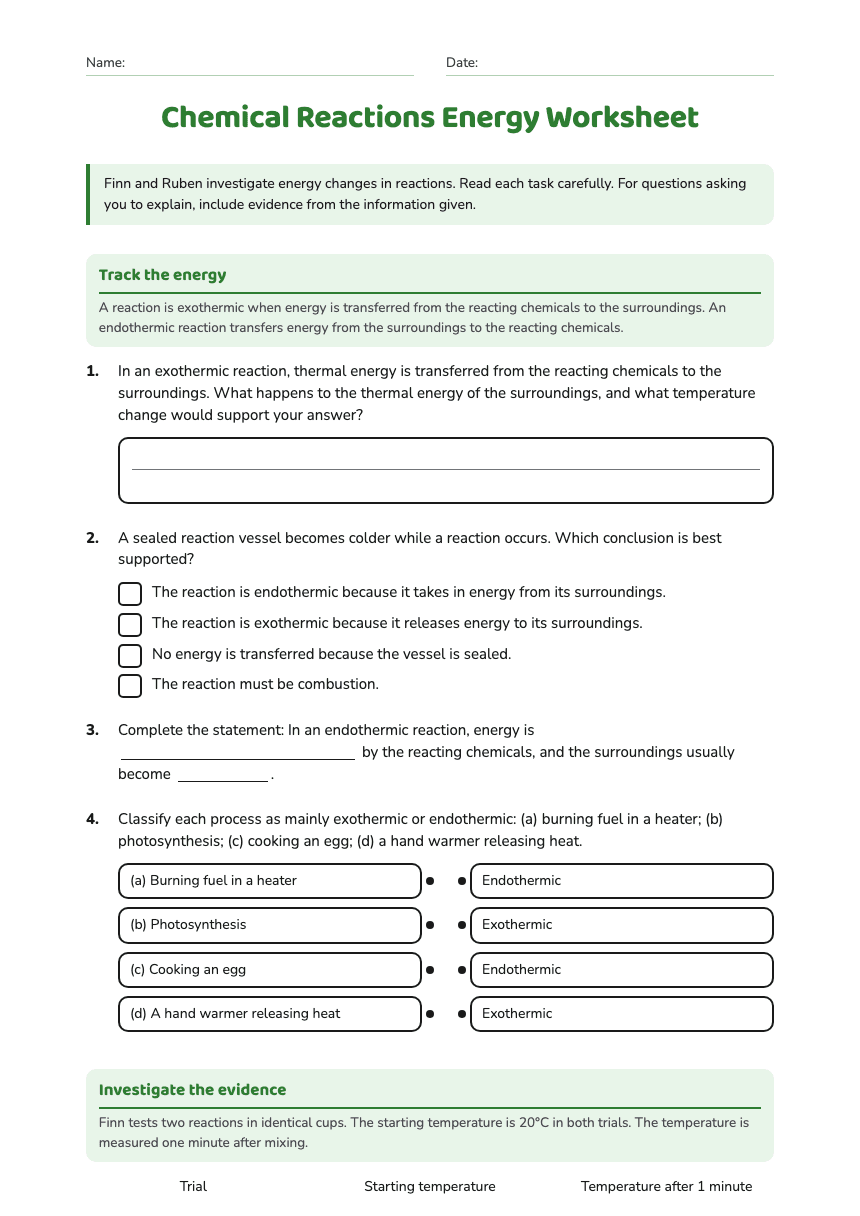 Chemical Reactions Energy Worksheet worksheet preview
