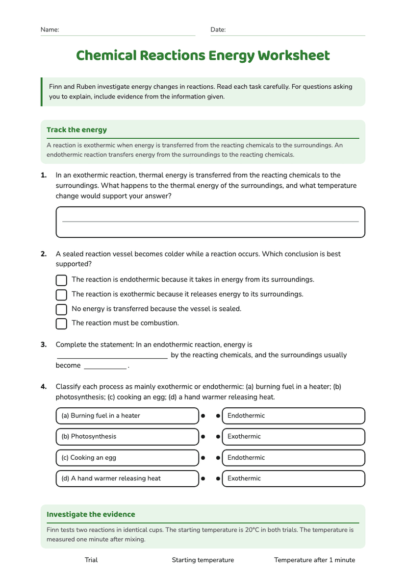 Chemical Reactions Energy Worksheet