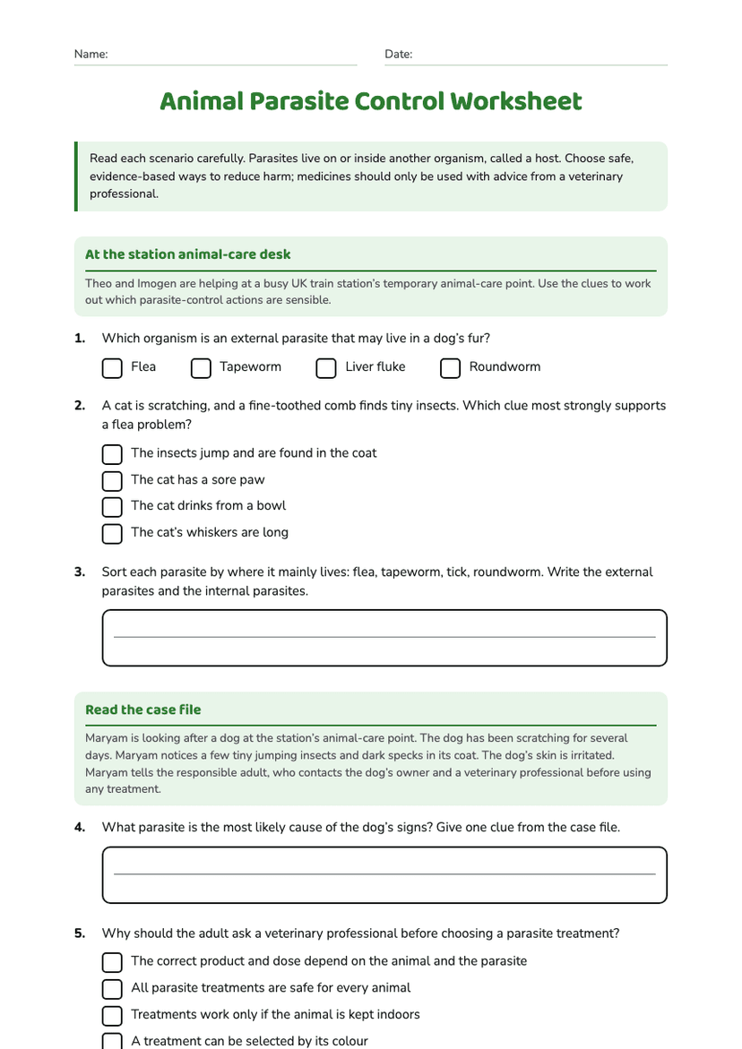 Animal Parasite Control Worksheet